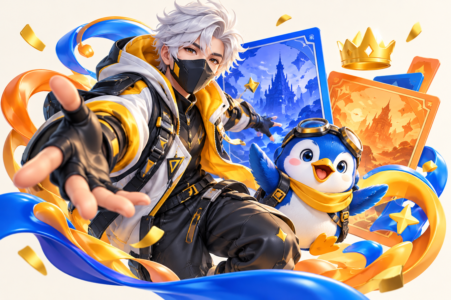 Karakter game dan maskot dengan kartu biru, oranye, dan kuning