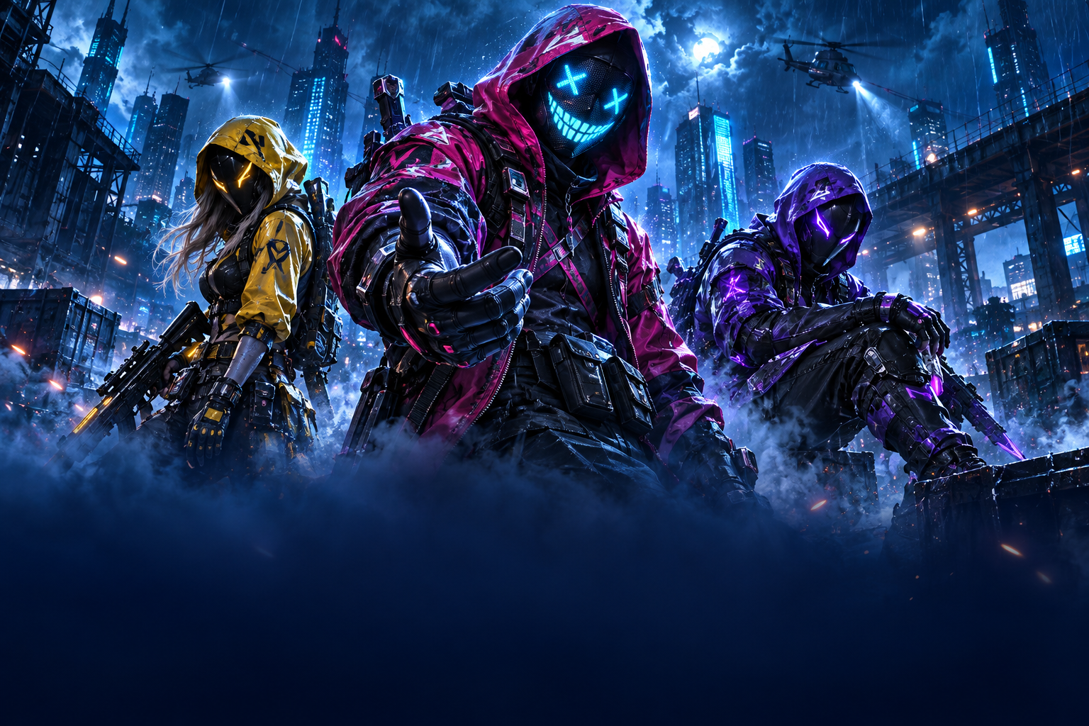 Ilustrasi karakter game dengan cahaya biru neon